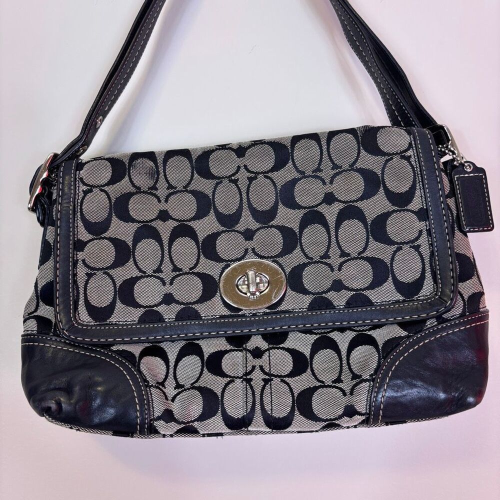 Coach Hampton Black and Grey Monogram Black Leather Shoulder Purse - Picture 3 of 8